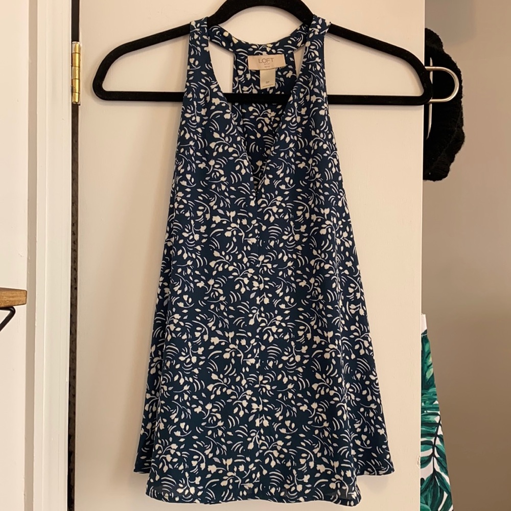 Loft Blue and white floral print halter blouse